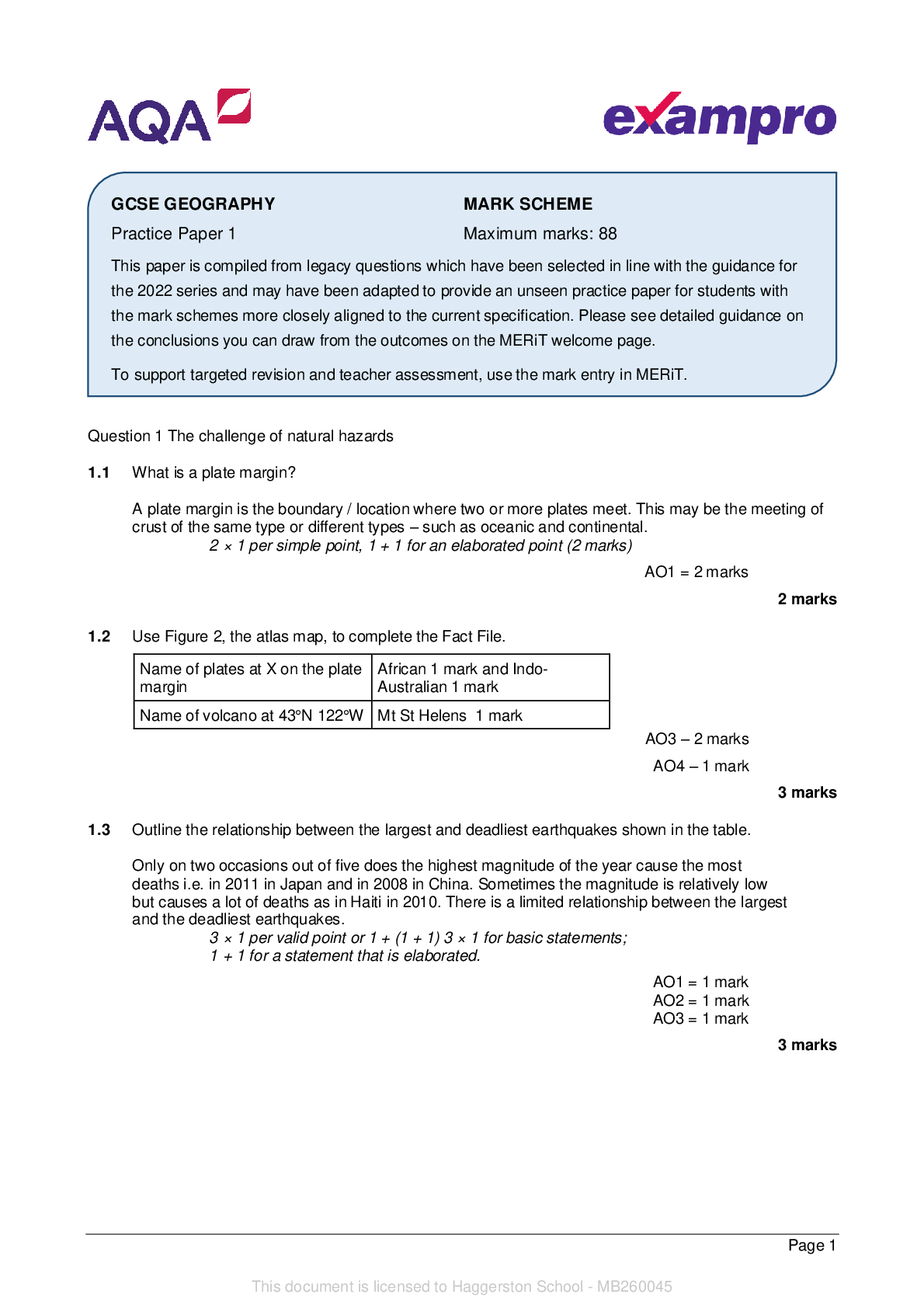 Aqa Gcse Geography Paper 1 2 Practice Papers Question Paper Mark Hot